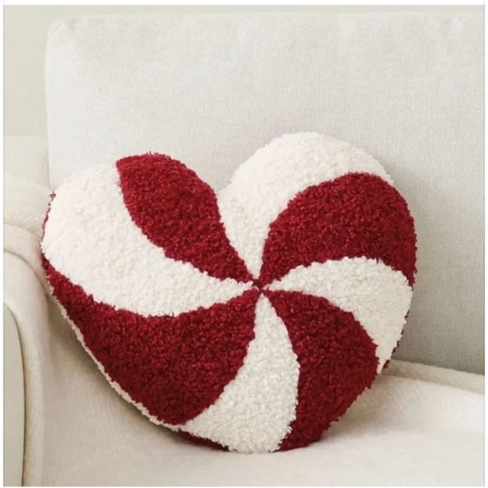 Bundle 2 Pottery Barn Cozy Teddy Faux Fur Candy Cane Heart Shaped Pillows